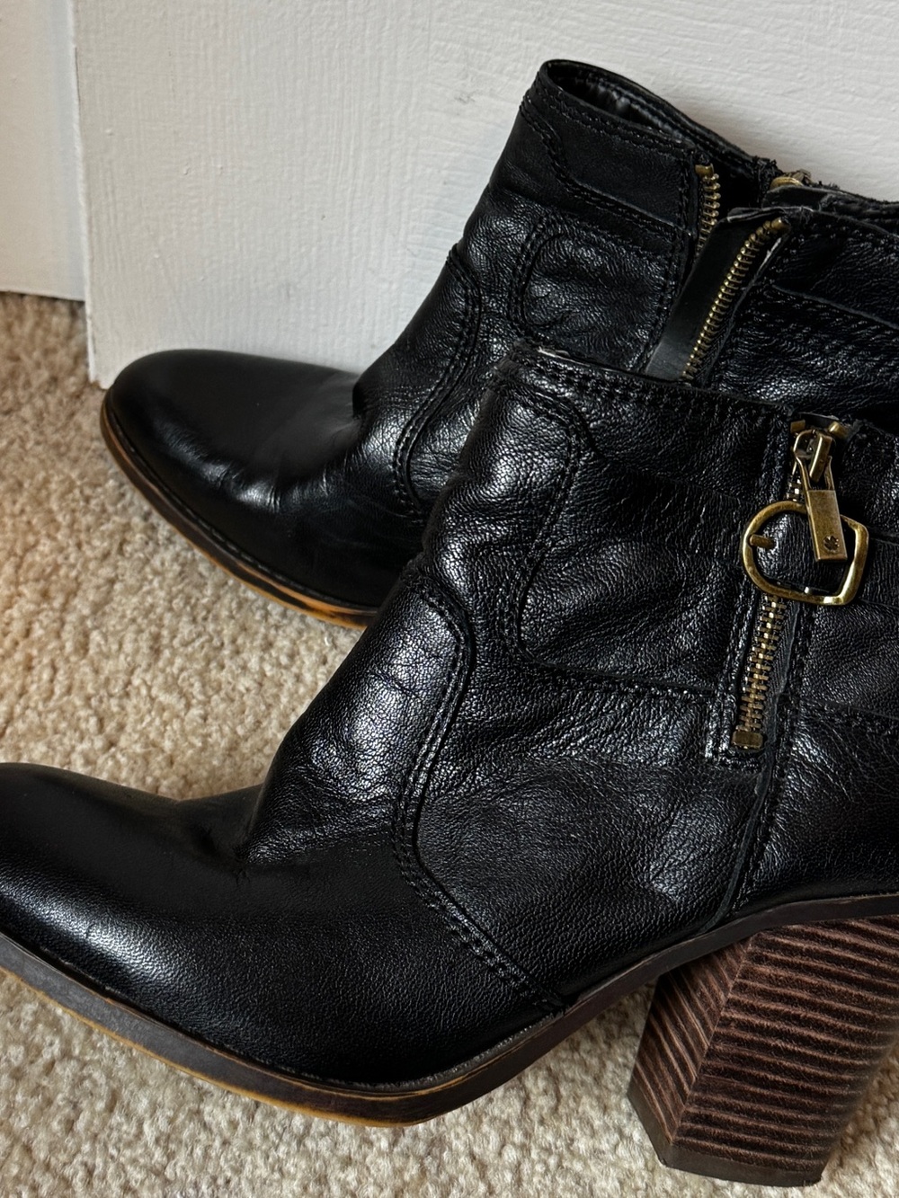 Classic Black Leather Ankle Booties with Stacked Heel